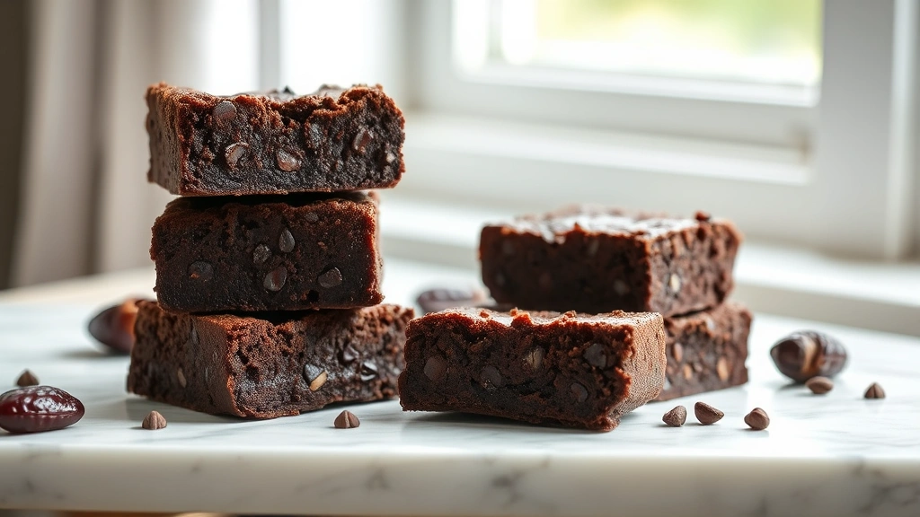 hero: Raw vegan brownies stacked and arranged on a marble surface with a bite taken out of one, showing rich fudgy interior, natural window light, scattered cacao nibs and dates nearby, no text, photorealistic, appetizing presentation