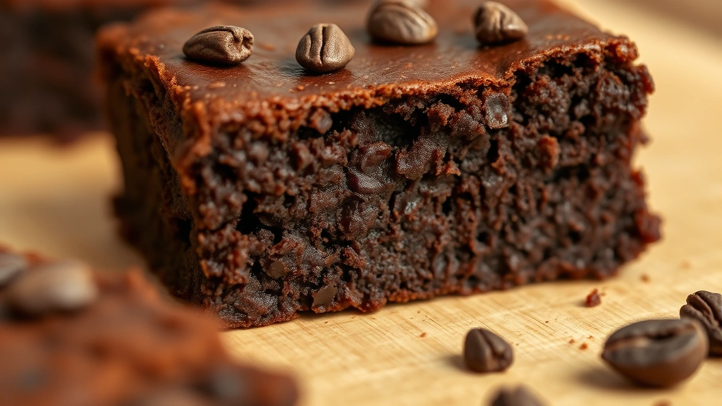 detail: Close-up macro shot of cut brownie square showing dense fudgy texture, cacao nibs visible on surface, crumb structure clearly visible, natural side lighting, photorealistic, no text