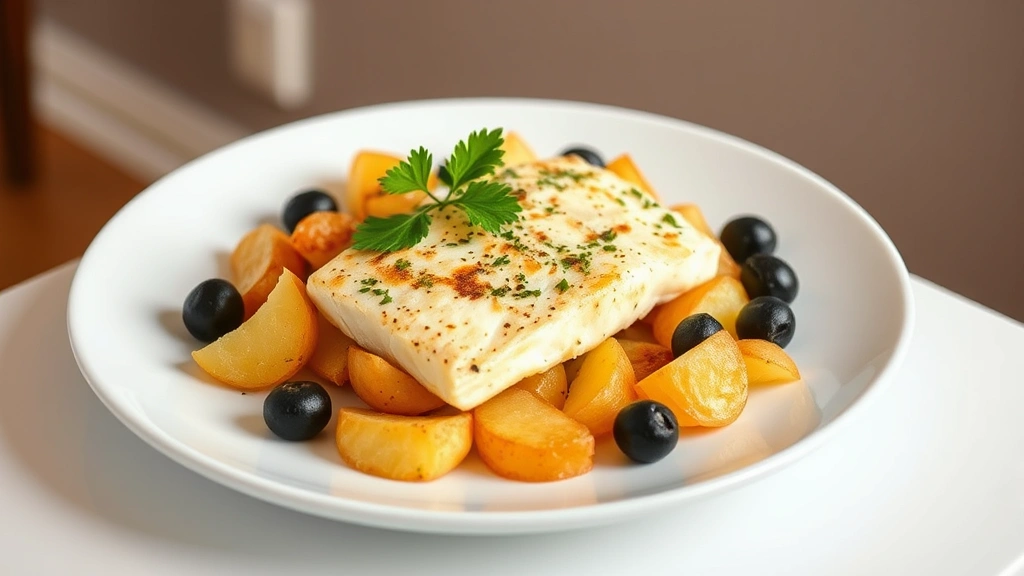 hero: finished bacalhau à brás on white plate, golden crispy potatoes, flaked cod, black olives, fresh parsley garnish, warm elegant lighting, clean white background