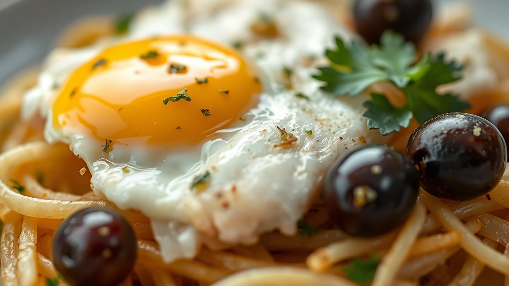 detail: close-up macro shot of bacalhau à brás showing texture of crispy potato strands, tender cod flakes, glossy egg yolk coating, Kalamata olives, fresh parsley, shallow depth of field