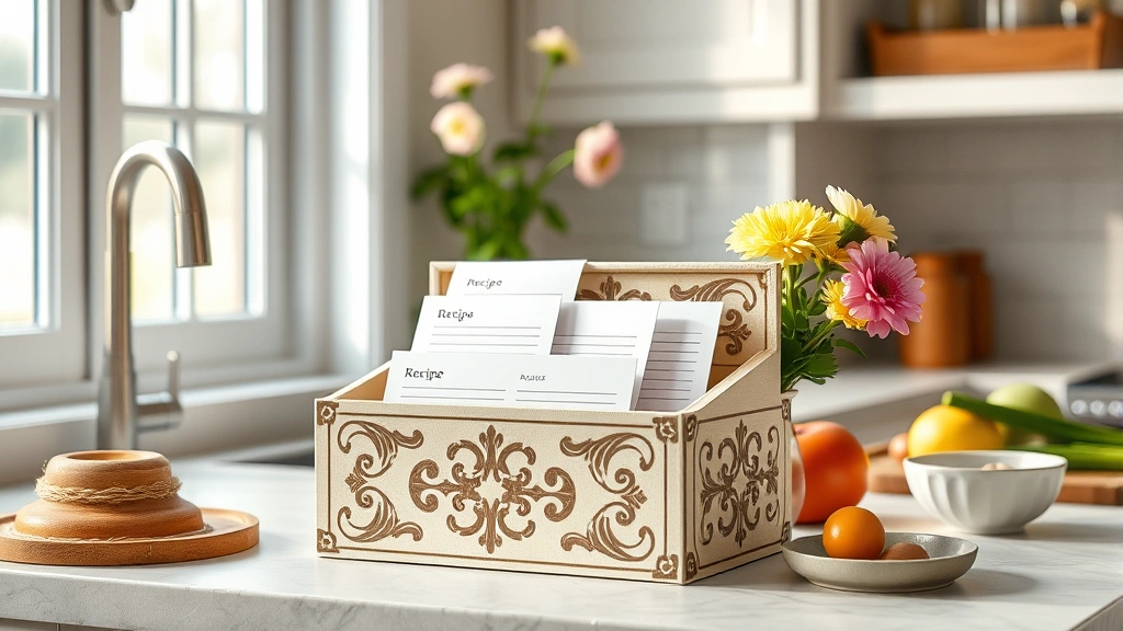 hero: finished decorative recipe card box on kitchen counter with recipe cards inside, photorealistic, natural window light, styled with fresh flowers and cooking ingredients nearby, no text