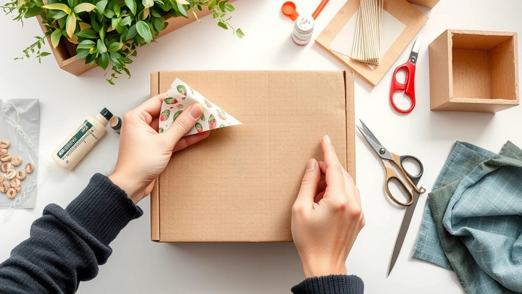 process: hands applying decorative paper to cardboard box with glue and scissors visible, organized craft supplies on white surface, photorealistic, bright natural light, no text