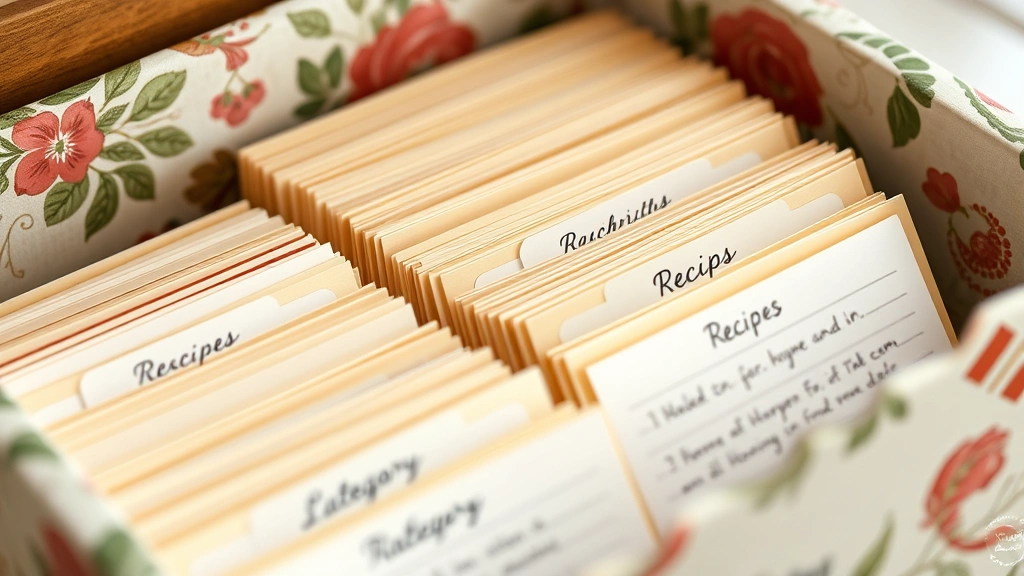 detail: close-up of organized recipe cards with dividers in decorated box, showing handwritten recipes and category labels, photorealistic, soft natural light, no text