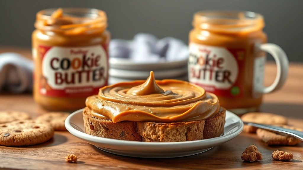 hero: creamy cookie butter spread on warm toast with coffee nearby, jar of cookie butter in background, photorealistic, natural morning light, no text