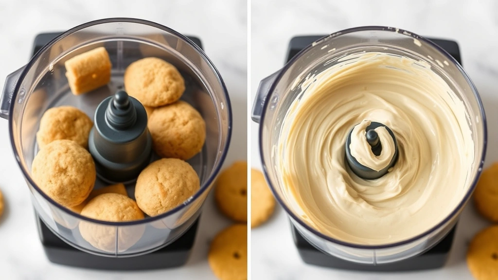 process: food processor blending butter cookies into smooth spread, showing transformation stages, photorealistic, bright natural light, no text