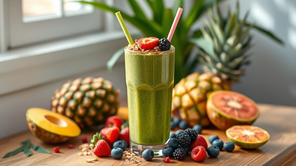 hero: vibrant green detox smoothie in tall glass, topped with granola and fresh berries, tropical fruits scattered around, natural window light, wood table surface, no text or logos
