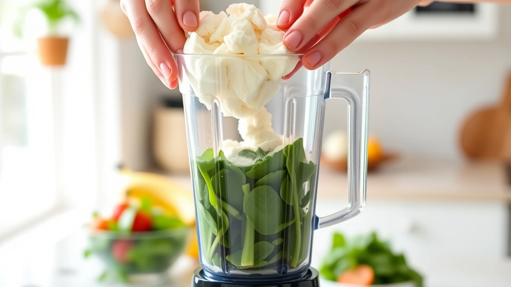 process: hands pouring frozen banana into blender with fresh spinach and tropical fruits visible, bright kitchen setting, natural morning light streaming in, action shot mid-blend