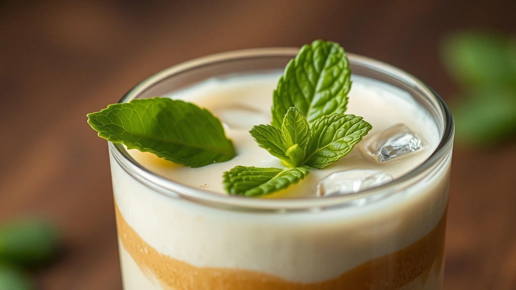 detail: close-up of creamy smoothie texture in glass showing layers, fresh mint leaf garnish, ice crystals visible, shallow depth of field, soft natural light