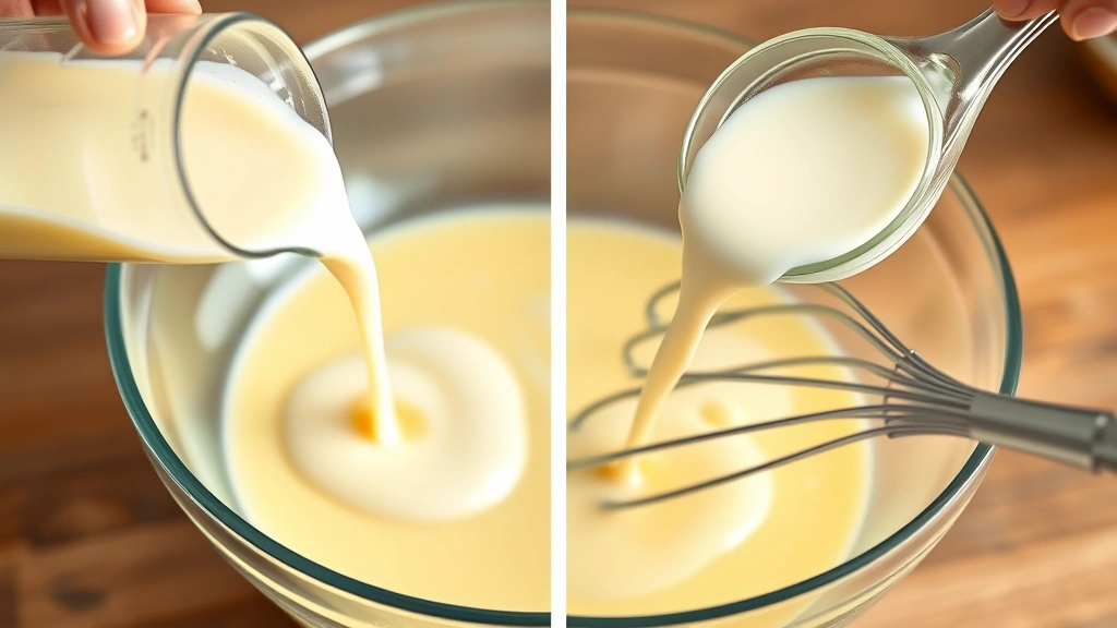 process: pouring hot milk into egg mixture while whisking for custard base, photorealistic, natural kitchen lighting, no text
