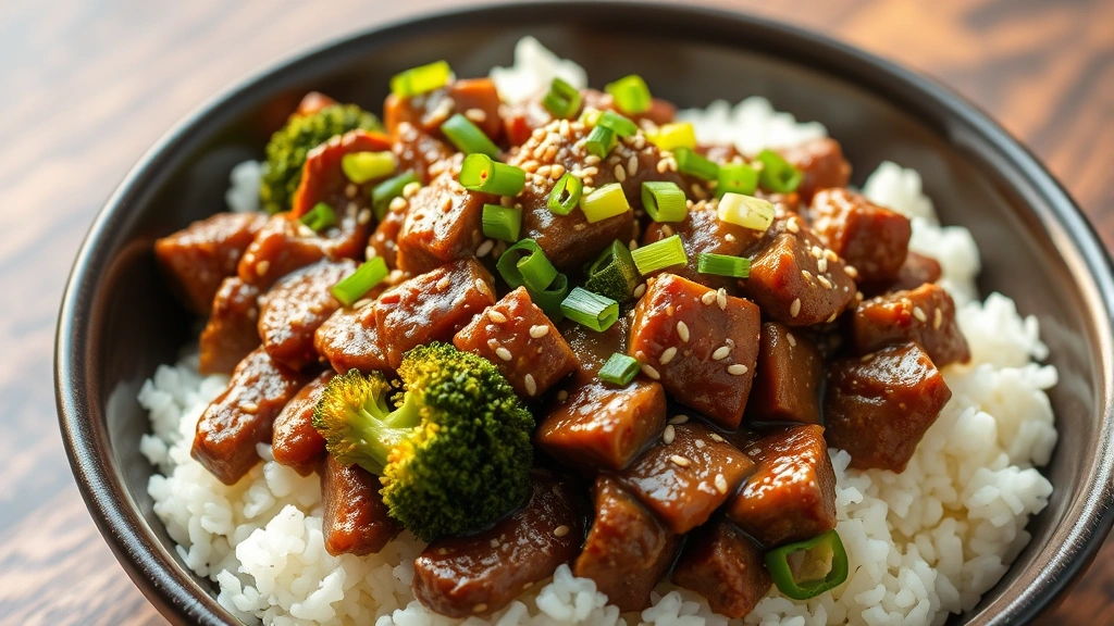 hero: Crockpot beef and broccoli served over fluffy white rice, garnished with sesame seeds and green onions, photorealistic, natural light, no text