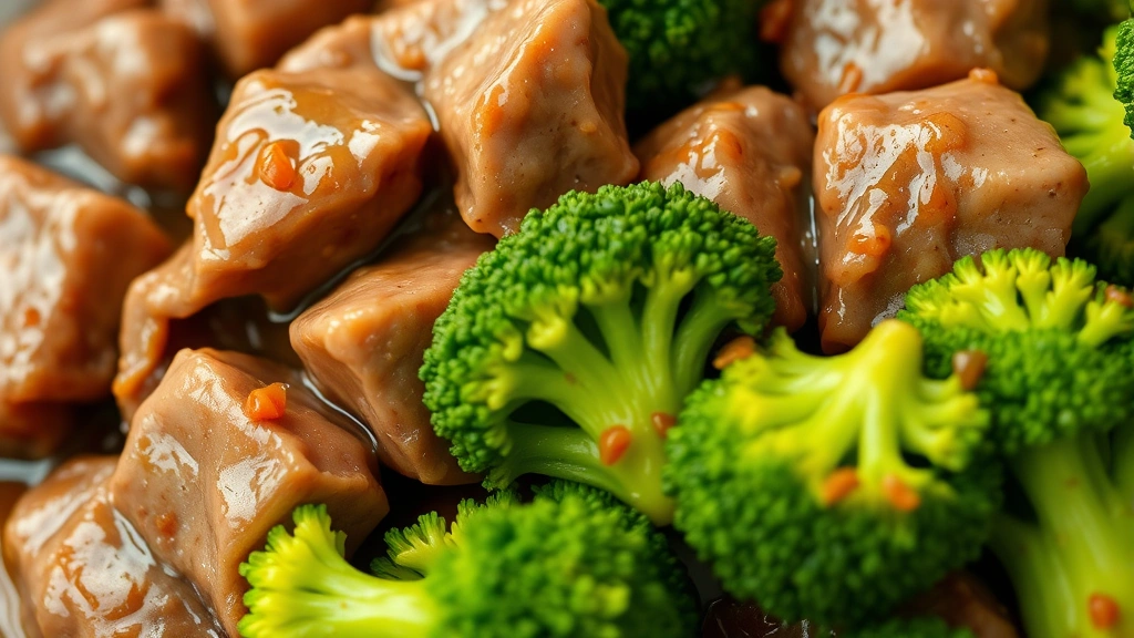 detail: Close-up of tender beef chunks and bright green broccoli florets coated in savory sauce, photorealistic, natural light, no text