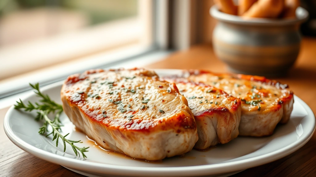 hero: perfectly cooked boneless pork chops with golden-brown crust on white plate, fresh herbs garnish, warm natural window light, professional food photography