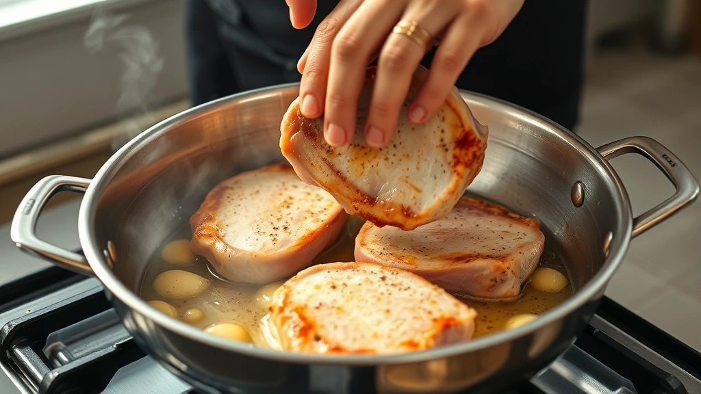 process: chef flipping pork chops in stainless steel skillet with melted butter and garlic, steam visible, stovetop cooking, natural daylight