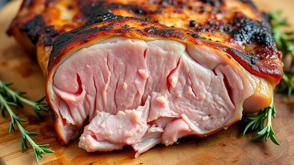 detail: close-up cross-section of boneless pork chop showing juicy pink interior and caramelized exterior, on wooden cutting board with fresh thyme sprigs, macro photography