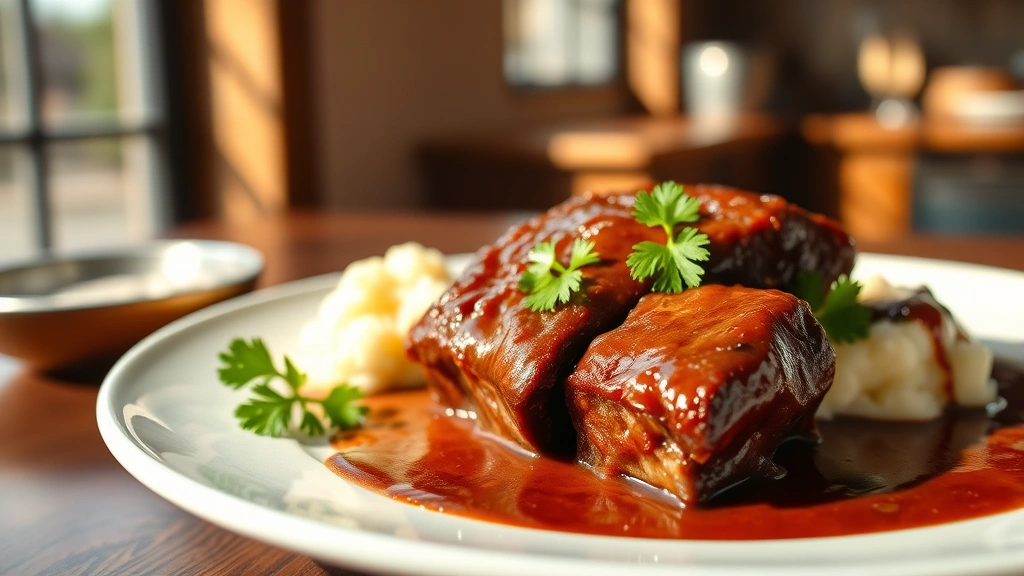 hero: perfectly braised boneless short ribs plated elegantly with glossy rich brown sauce and fresh parsley garnish, creamy mashed potatoes on the side, warm natural light streaming through kitchen window, no text, restaurant quality photography