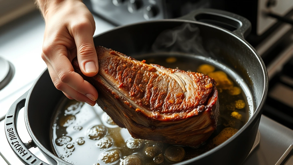 process: hands holding boneless short rib in professional kitchen as hot olive oil sizzles in cast iron Dutch oven, golden-brown crust forming on meat, steam rising, natural daylight, no text, professional cooking documentation