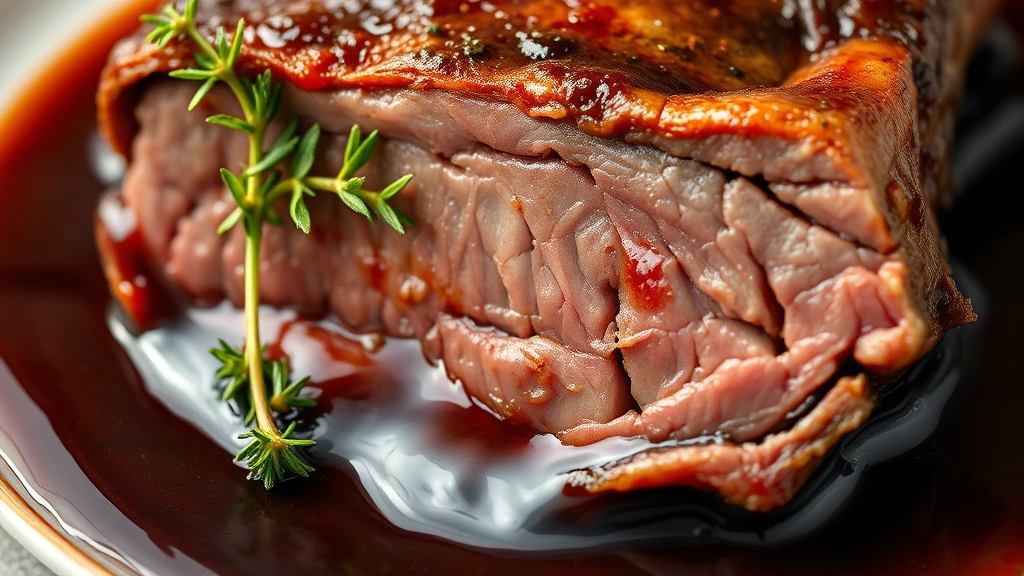 detail: close-up macro shot of tender boneless short rib cross-section showing meat texture, glossy dark sauce pooling around it, fresh thyme sprig and parsley garnish, natural light highlighting the sauce's silky sheen, no text, food styling
