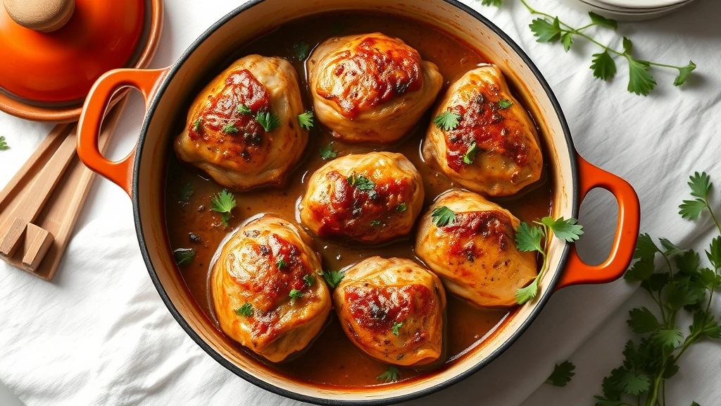 hero: Dutch oven chicken dish with golden brown chicken pieces in rich herb sauce, garnished with fresh parsley, photographed from above with natural window light on white tablecloth, no text or watermarks