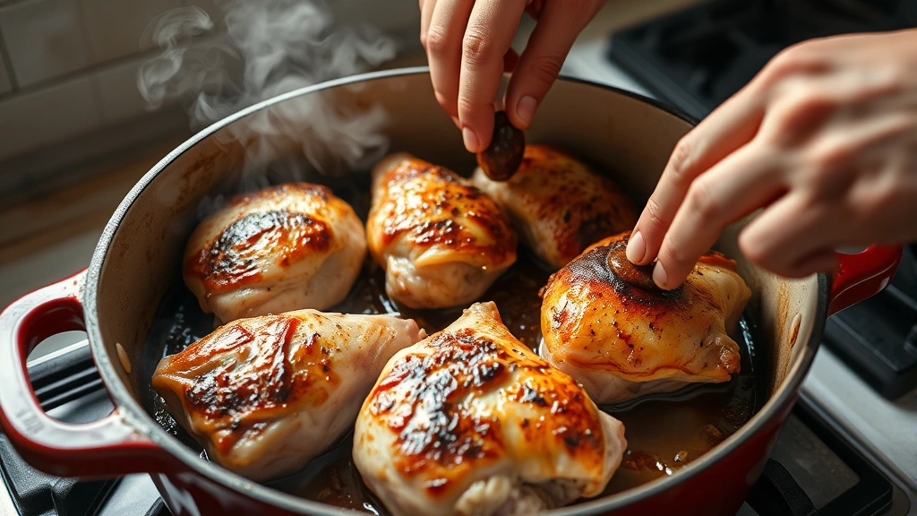 process: hands searing chicken pieces skin-side down in a hot Dutch oven creating golden crust, steam rising, natural kitchen light, no text or watermarks