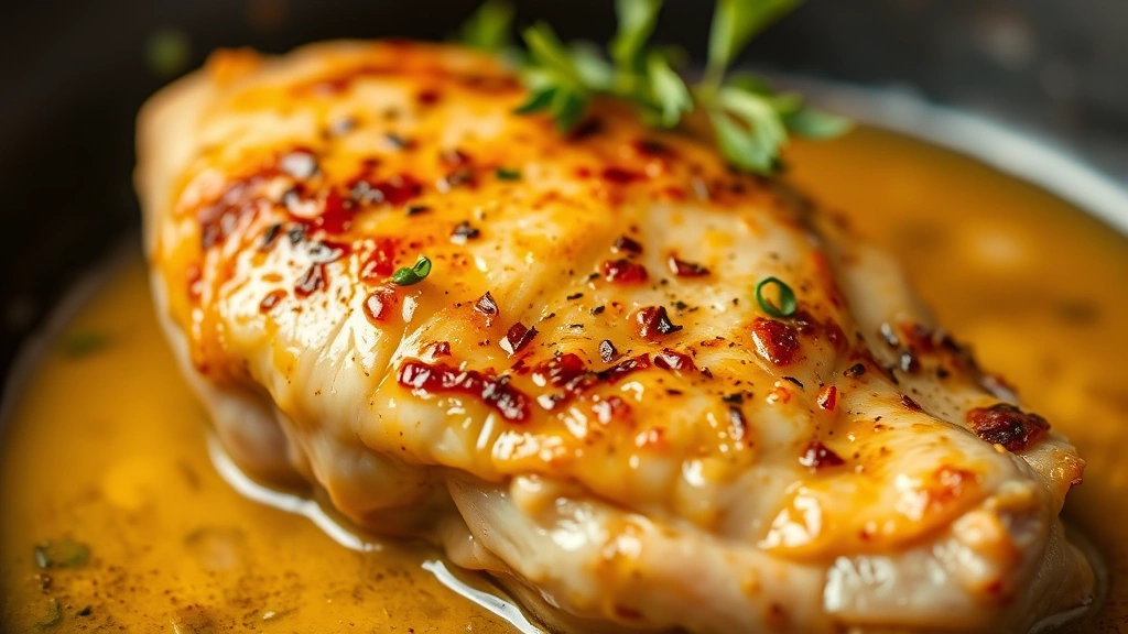 detail: close-up of perfectly cooked chicken thigh with crispy golden skin and fresh herb sprigs in silky sauce, shallow depth of field, natural lighting, no text or watermarks