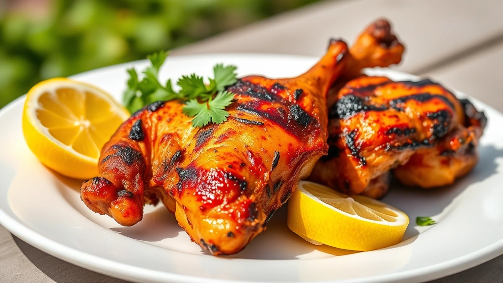 hero: charred chicken piri piri on white plate with lemon wedges and fresh cilantro, golden brown caramelized exterior, photorealistic, natural sunlit background, no text