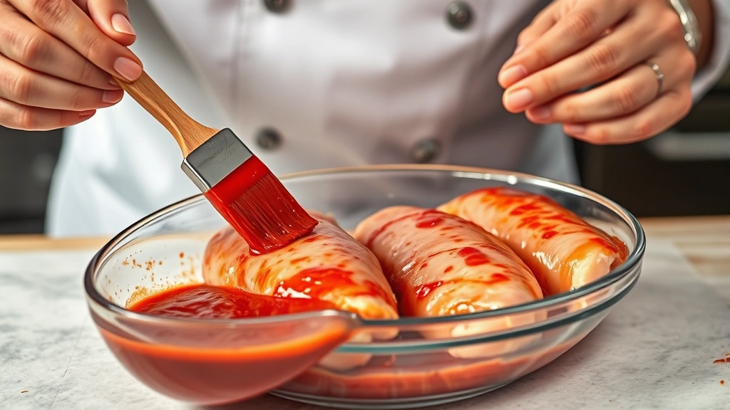 process: chef brushing vibrant red marinade onto raw chicken breasts with pastry brush, glass bowl of piri piri sauce visible, photorealistic, warm kitchen lighting, no text