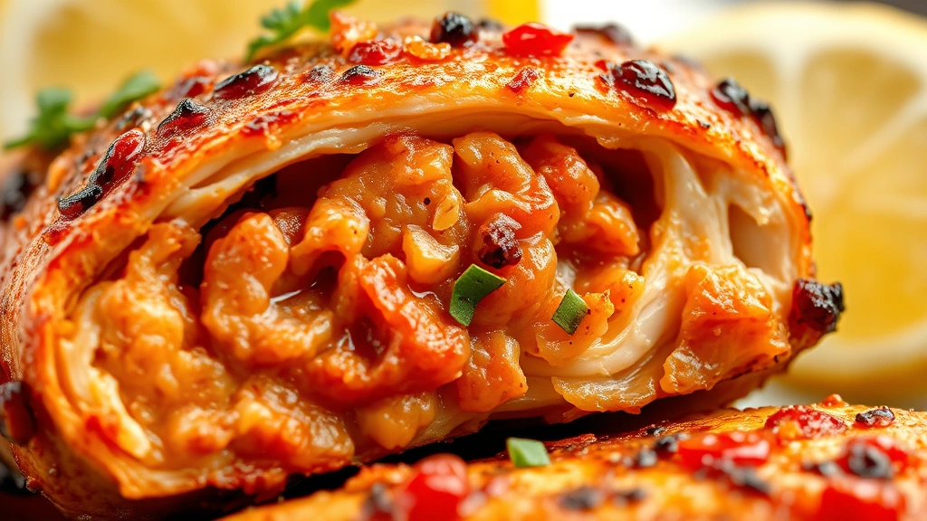 detail: close-up cross-section of perfectly cooked chicken piri piri showing juicy interior, caramelized edges, fresh chili flakes and lemon, photorealistic, macro photography, natural light, no text