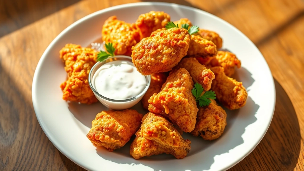 hero: golden crispy air fryer chicken wings piled on a white plate with ranch dip and fresh parsley garnish, photorealistic, natural daylight streaming in, wooden table background, no text