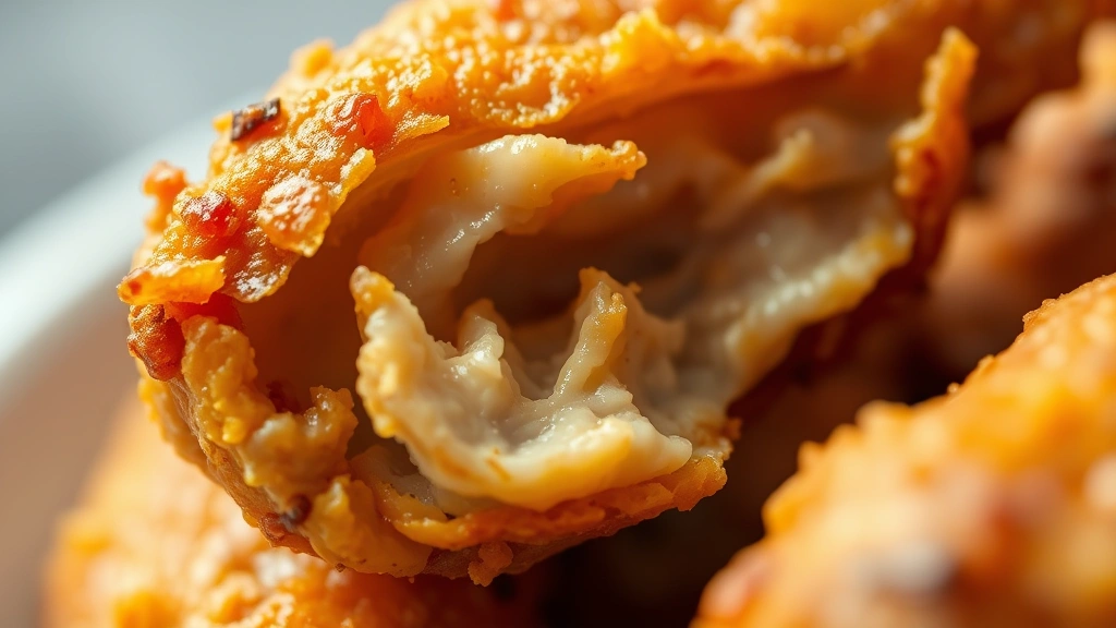detail: close-up of single perfectly crispy golden brown chicken wing showing crispy skin texture and juicy interior, shallow depth of field, photorealistic, natural light, no text