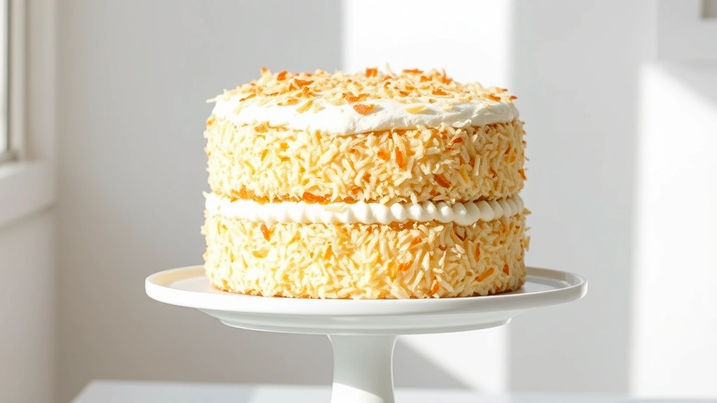 hero: two-layer coconut cake with white frosting and toasted coconut flakes covering the sides and top, sitting on a white cake stand, natural window light, clean white background, no people or text