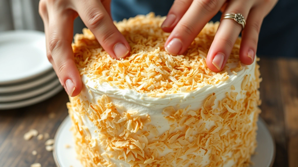 process: hands pressing toasted golden coconut flakes onto the frosted sides of a white frosted cake, close-up action shot, natural daylight, no text