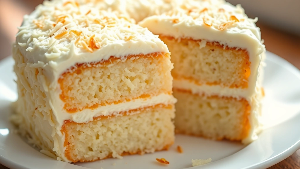 detail: close-up cross-section of sliced coconut cake showing moist vanilla cake layers and creamy white frosting, topped with toasted coconut, on white plate, shallow depth of field, natural light