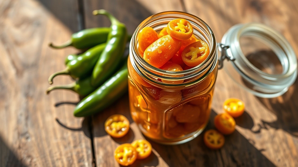 hero: golden glazed cowboy candy candied jalapeños in a clear glass mason jar, glistening in natural sunlight, photographed from above on a rustic wooden table with fresh whole jalapeños scattered nearby, photorealistic, professional food photography, warm natural light, no text