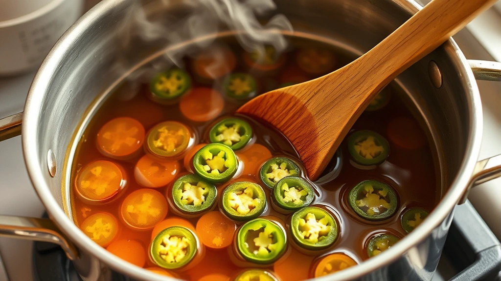 process: large pot with simmering syrup and sliced jalapeños being stirred with a wooden spoon, steam rising, golden liquid coating the pepper rings, photographed during the cooking process with warm kitchen lighting, photorealistic, natural light, no text