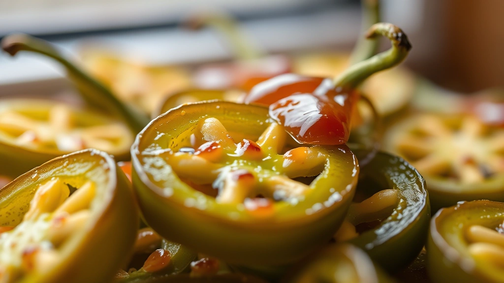 detail: close-up macro shot of individual glazed jalapeño slices showing the shiny caramelized coating and seeds, arranged artfully with depth of field, photorealistic, soft natural window light, no text