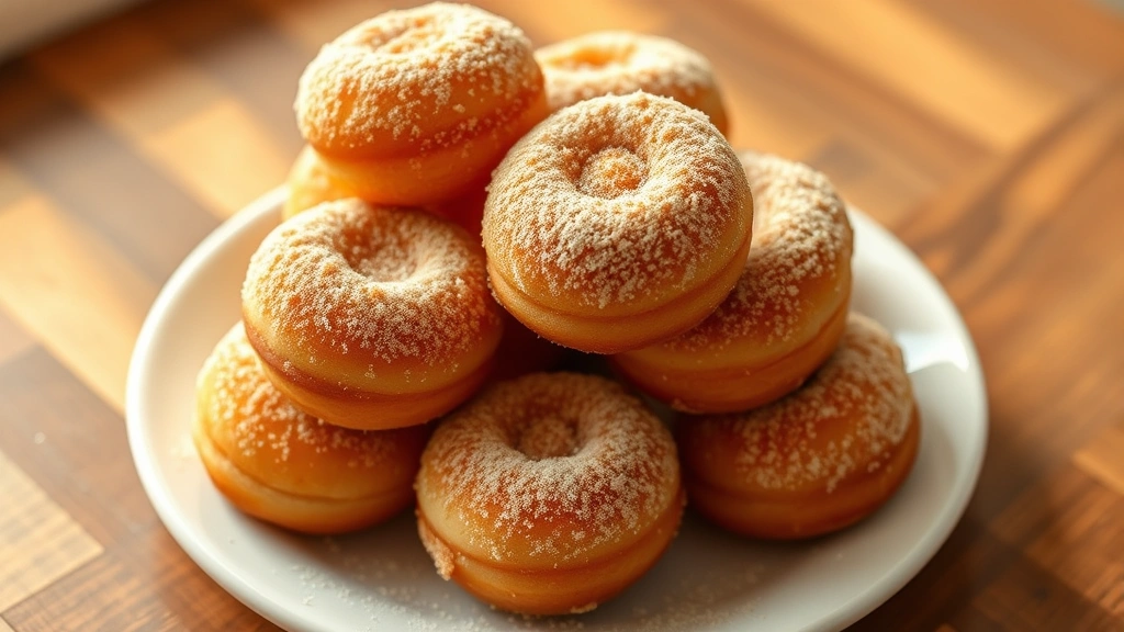 hero: golden brown oven-baked donut holes dusted with cinnamon sugar, stacked on white plate, warm steam rising, natural morning light, overhead shot, no text