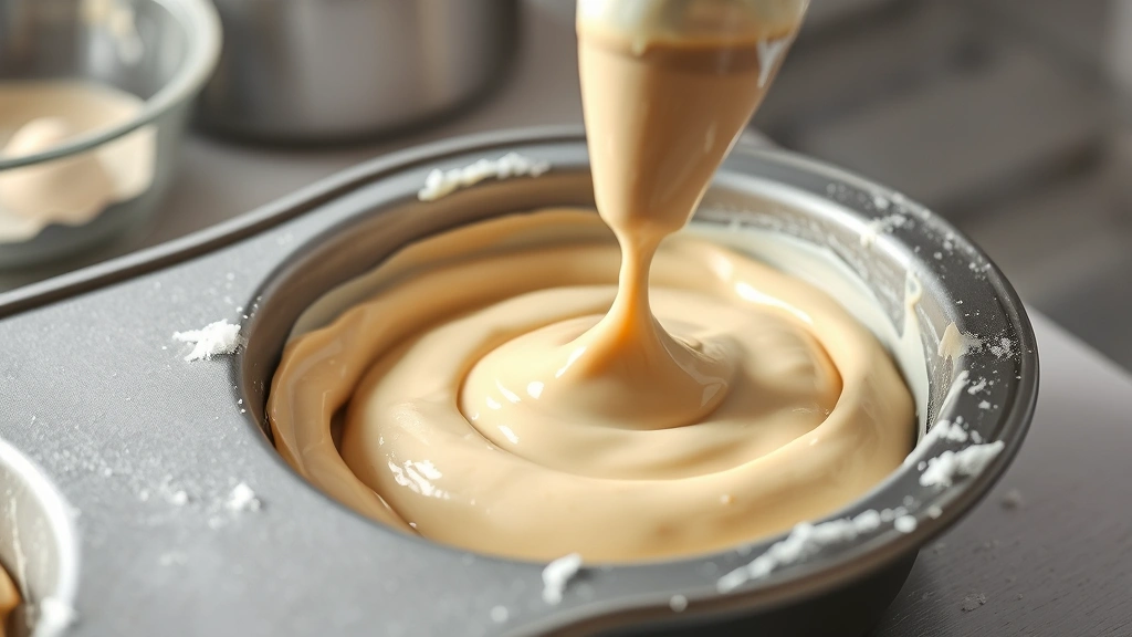 process: piping batter into donut hole pan with pastry bag, close-up side view, bright kitchen lighting, no text