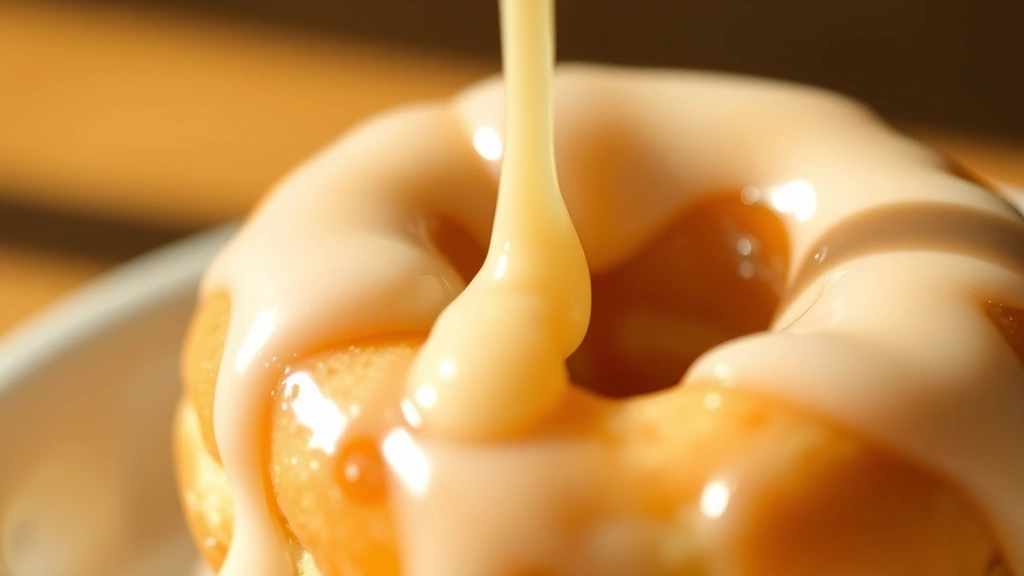 detail: close-up of single glazed donut hole with dripping vanilla glaze, shallow depth of field, warm natural light, no text