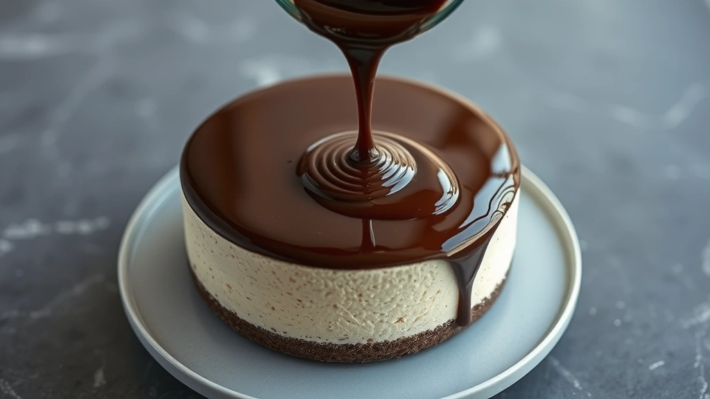 process: pouring dark chocolate mirror glaze over mousse cake, smooth flow, photorealistic, natural lighting, no text