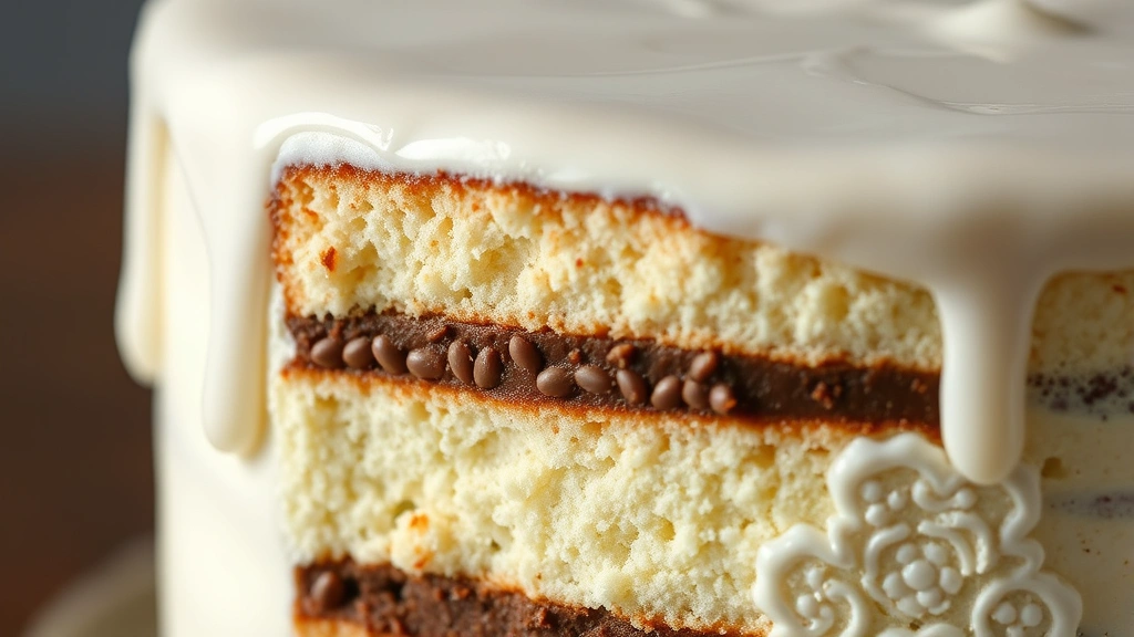 detail: close-up cross-section of layered Faux Marriage Story cake showing sponge base, chocolate mousse layer, and glaze, photorealistic, natural lighting, no text