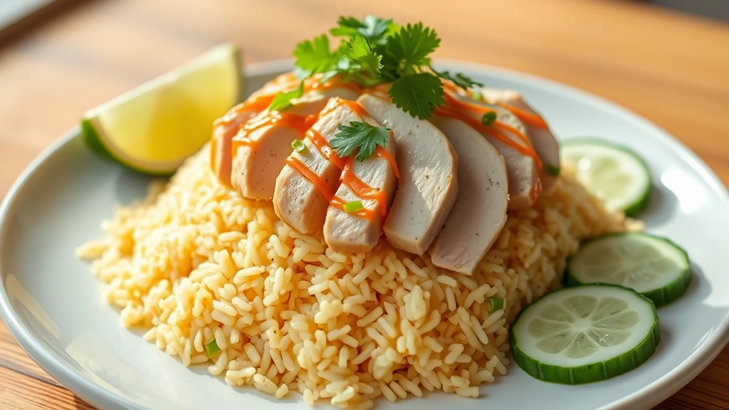 hero: golden jasmine rice mound topped with perfectly sliced pale poached chicken, ginger-scallion sauce drizzle, fresh cilantro garnish, lime wedges and cucumber slices on the side, warm natural light, appetizing plating, no text