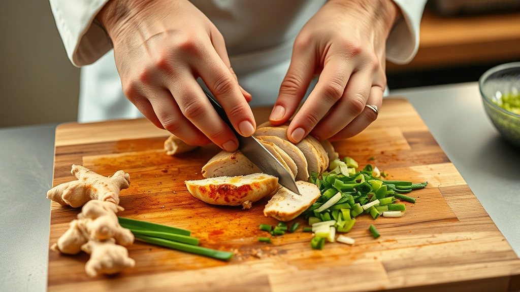 process: chef's hands slicing cooked chicken breast on wooden cutting board, ginger and scallions visible, warm kitchen lighting, action shot, no text