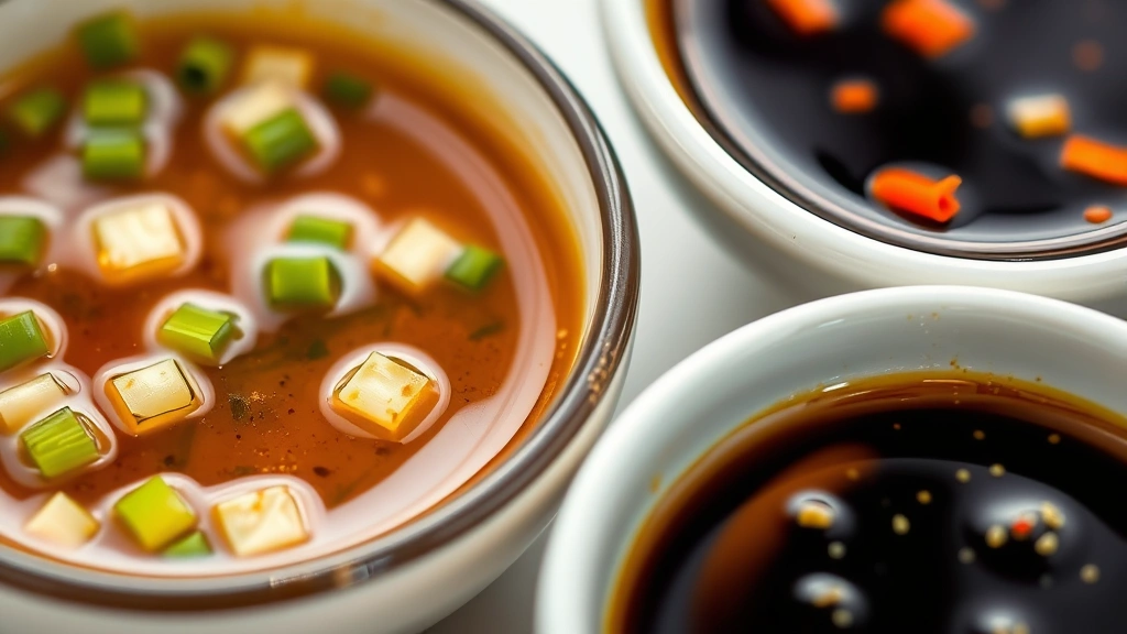 detail: close-up of three small bowls containing ginger-scallion sauce, chili sauce, and dark soy sauce with sesame oil sheen, fresh garnishes visible, soft natural light, no text