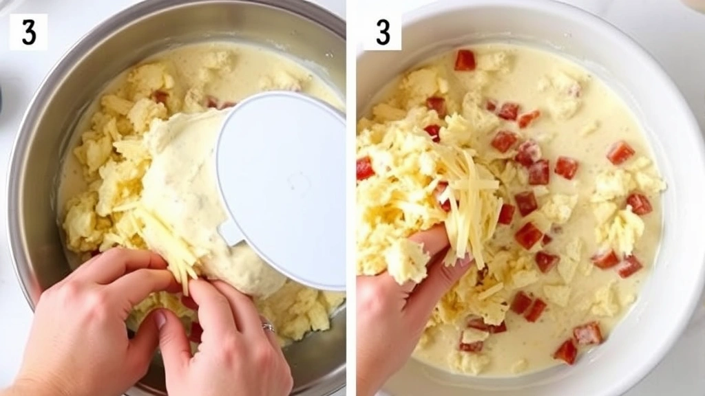 process: hands mixing thawed hash browns with cream sauce in large bowl, bacon pieces visible, cheese being folded in, bright kitchen lighting, overhead shot, no text
