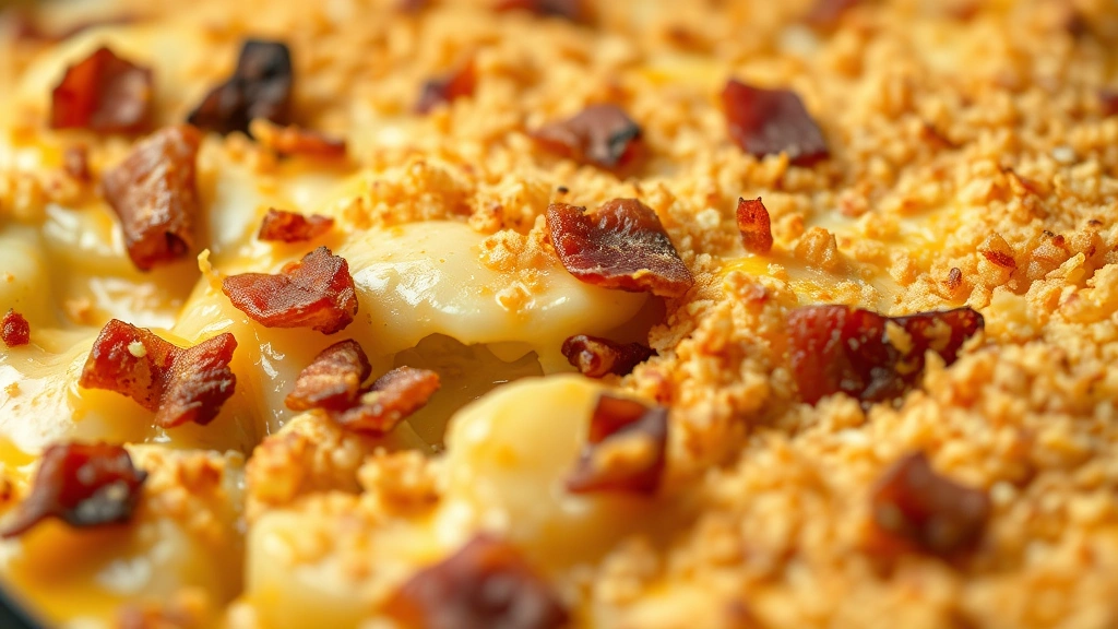 detail: close-up of casserole showing layers of crispy potatoes, melted cheese, bacon pieces, and creamy sauce, golden panko crust on top, depth of field showing texture, natural light, no text