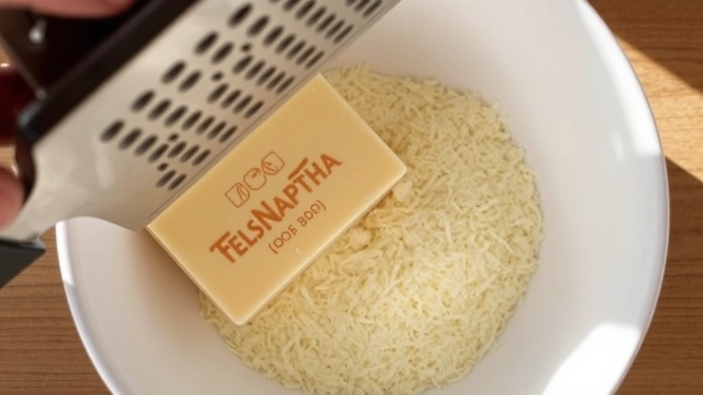 process: overhead shot of grating Fels-Naptha soap bar into white mixing bowl, showing fine soap shavings, natural daylight, no text