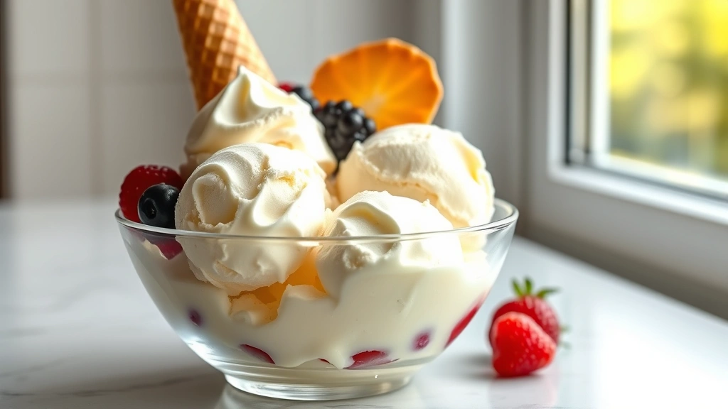 hero: creamy vanilla ice cream scoops in a glass bowl, topped with fresh berries and a waffle cone, photorealistic, natural sunlight streaming through window, no text