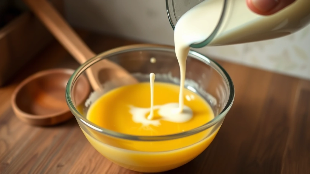 process: pouring hot cream into whisked egg yolks for tempering, wooden spoon in background, photorealistic, warm kitchen lighting, no text