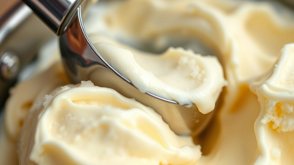 detail: close-up of vanilla ice cream being scooped with a metal scoop, showing creamy texture and smooth consistency, photorealistic, soft natural light, no text