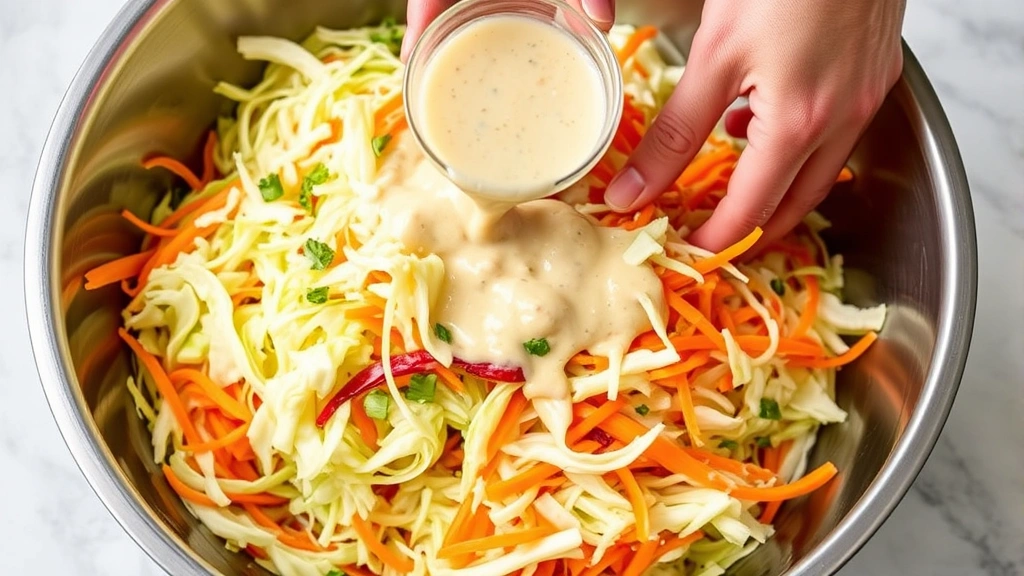 process: hands tossing shredded cabbage and carrots with creamy dressing in large stainless steel bowl, natural light, no text
